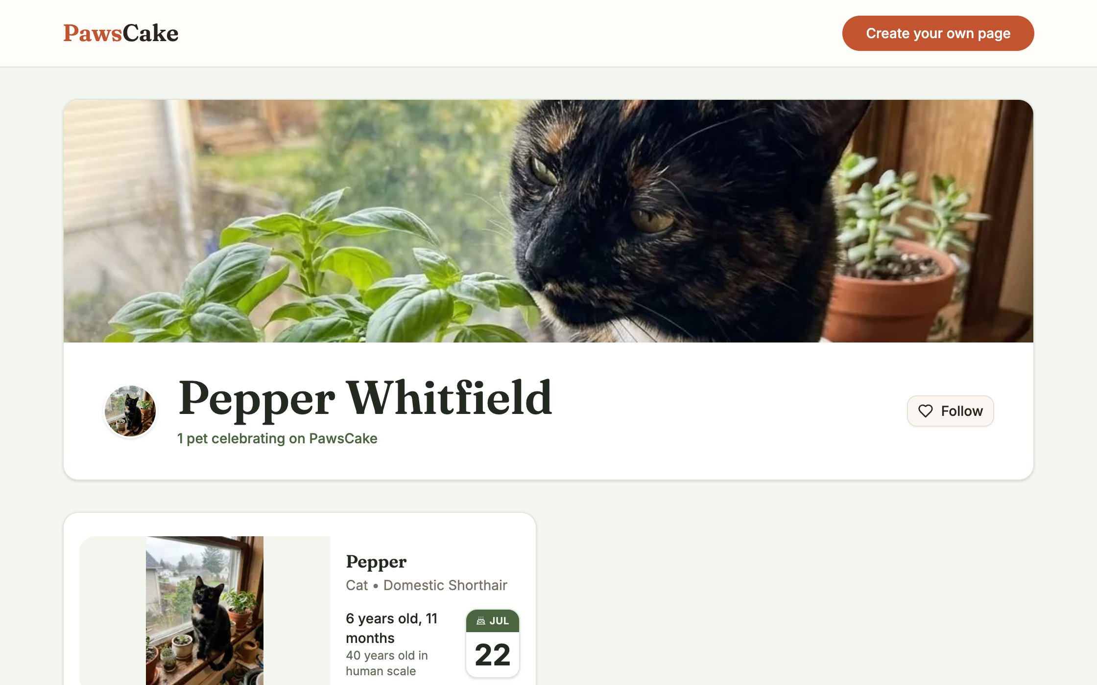 Pepper Whitfield's page: birthday countdown and age in human years