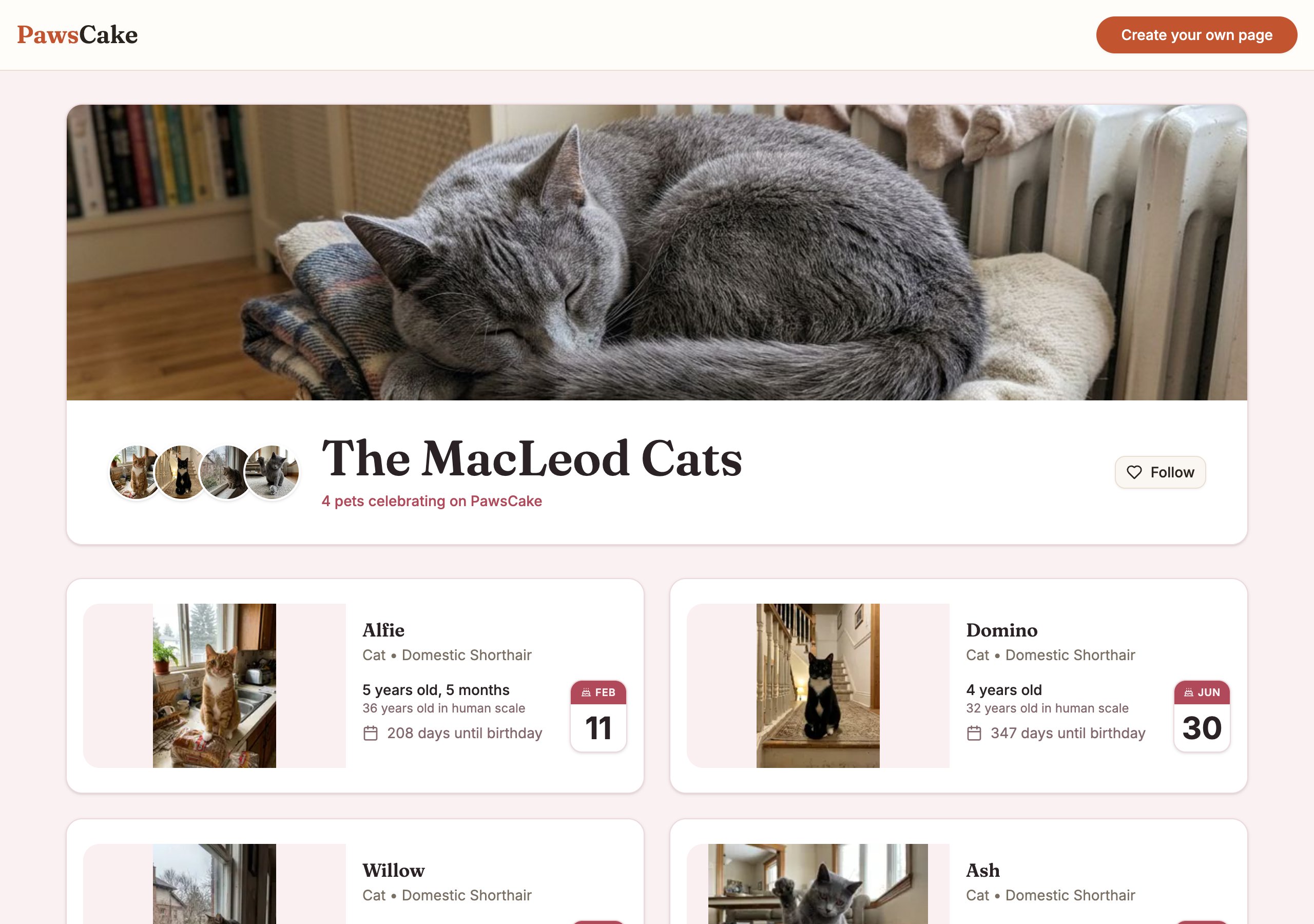 The MacLeod Cats memory page: four cats with birthday countdowns and ages in human years